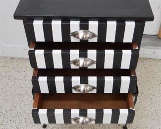 B&W Striped Iron base 3 Drawer SideTable