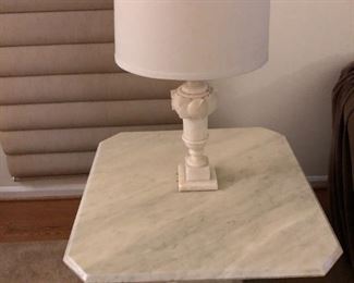 $90      
VINTAGE ALABASTER WHITE CARVED MARBLE TABLE LAMP
 
Beautifully carved white marble alabaster table lamp. In great working condition and only minor wear, normal for it's use and age. Wired for US. Includes shade, harp and finial.
 
DETAILS:
Base is 4.75 inches wide
Lamp base height is 18.5 inches 
The height of the lamp with the shade is 25.5 inches  