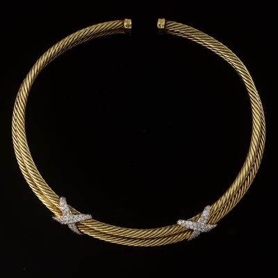  David Yurman Gold and Diamond Double Cable Collar Necklace 