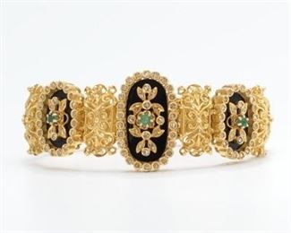  Italian Gold Filigree, Enamel, Emerald and Rose Cut Diamond Bracelet