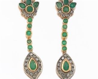  Ladies Baroque Style Manu Italian Gold, Silver, Emerald and Diamond Pair of Dangle Earrings