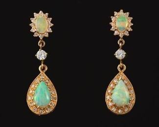  Pair of Opal and Diamond Pendant Earrings 