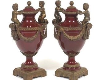  Pair of Porcelain and Bronze Urns