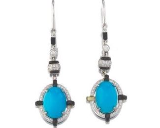  Pair of Turquoise, Diamond and Onyx Pendant Earrings 
