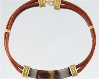 18k Gold, Leather, and Agate Collar Necklace 
