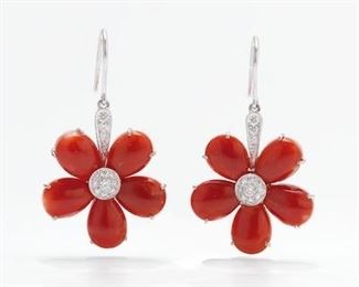 A Pair of Coral and Diamond Earrings by Eli Frei
