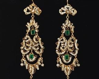 A Pair of Fine Wirework, Seed Pearls, and Green Stone Earrings 