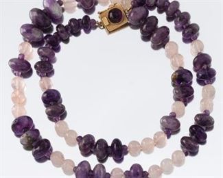 A Rose Quartz and Amethyst Bead Necklace 
