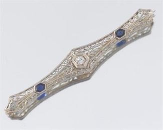 Art Deco Filigree, Diamond and Sapphire Brooch 