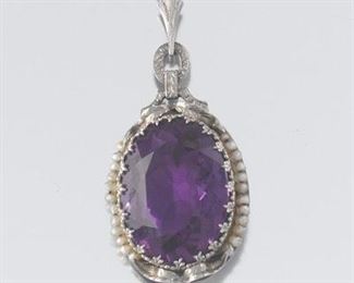 Art Deco Gold and Amethyst Pendant on Fancy Chain 