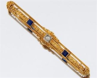 Art Deco Gold, Sapphire, and Diamond Bar Brooch 
