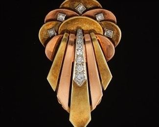 Art Deco TriColor Gold and Diamond Clip 