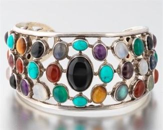 Artisan Sterling Silver and Gemstone Wide Bangle 