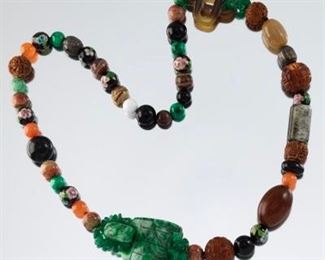 Asian Style Necklace with Interesting Beads and A Jade Carving 