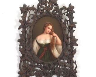 Black Forest Porcelain Painted Portrait of Young Woman in Oak Leaf Frame
