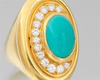 Bulgari 20k Gold, Turquoise, and Diamond Ring 