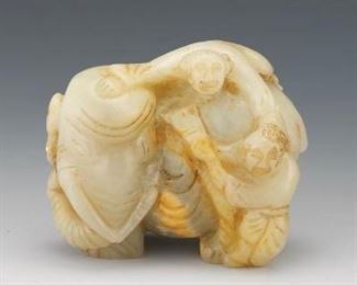 Carved Jade Ornament Depicting Two Boys on an Elephant 