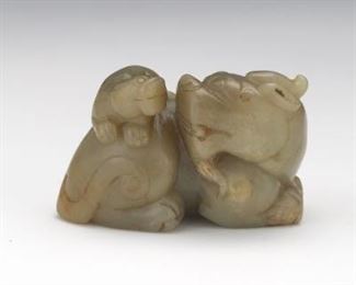 Carved Jade Ornament of Two Recumbent Dogs 