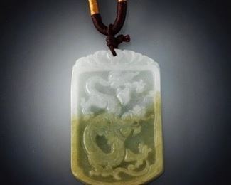 Carved Jadeite Two Tone Dragon Pendant on Cord Necklace 