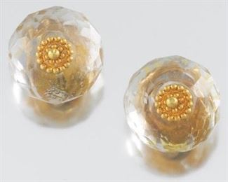 Carved Rock Crystal and Gold Ear Clips 