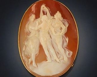 Carved Shell Cameo Brooch Pendant Depicting Three Muses 