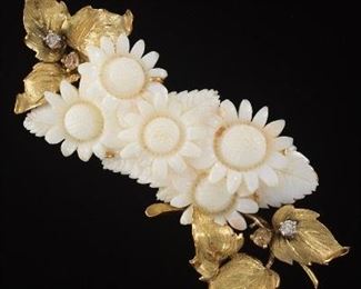 Carved White Coral, Diamond and Gemstone Brooch 