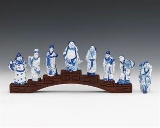 Chinese Blue and White Porcelain Eight Immortals, on Carved Wood Display Stand 