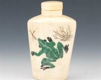 Chinese Carved Bone, Sperm Whale and Hardstone Inlaid Snuff Bottle, Frog and Lizard 
