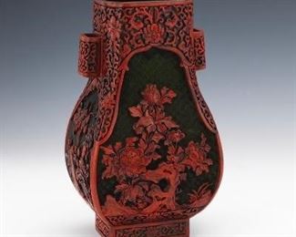 Chinese Carved Cinnabar Lacquer Fang Hu Vase, ca. Qing Dynasty
