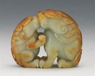Chinese Carved Jade Foo Dogs Facing Each Other 