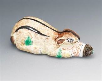 Chinese Porcelain, Silver Metal and Turquoise Chipmunk Snuff Bottle, Qing Dynasty 