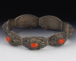 Chinese Silver Wire and Coral Color Bead Bracelet 