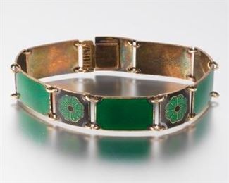 DavidAndersen Vintage Sterling Silver and Guilloche Enamel Emerald and Black Bracelet 