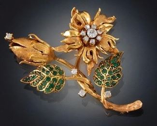 Elegant Gold, Diamond, and Emerald Brooch 