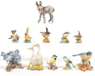 Eleven Giuseppi Tagliariol Porcelain Birds and Donkey Figurines, Tay Collection, Italy