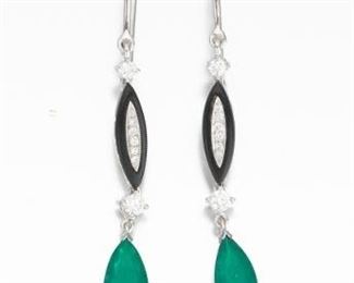 Emerald, Diamond and Onyx Pendant Pair of Earrings by Eli Frei 