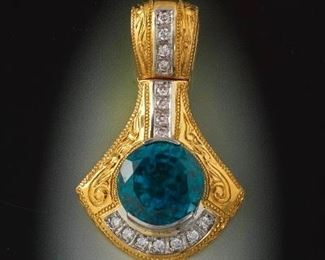 Exceptional Blue Zircon, 35 ct, Mounted in Heavy Gold Pendant 