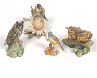 Four Giuseppi Tagliariol Porcelain Bird Figurines, Gt. Crested Flycatcher, Goldfinch, Turdus Merula Group and Owl, Tay Collection, Italy