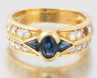 French 18k Gold, Sapphire, and Diamond Ring