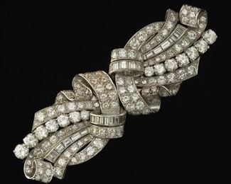 French Art Deco Platinum and Diamond Duette Brooch 