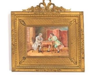 French dOre Bronze Framed Miniature Painting of Chess Players