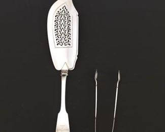 Georgian Sterling Silver Fish Server, Makers Mark W.B, ca. 1825 and Sterling Silver Tongs 