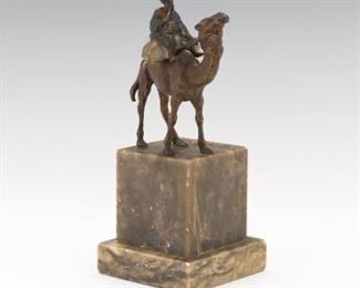 German Cold Painted Metal Cabinet Sculpture of an Arab on a Camel, on Stone Pedestal 