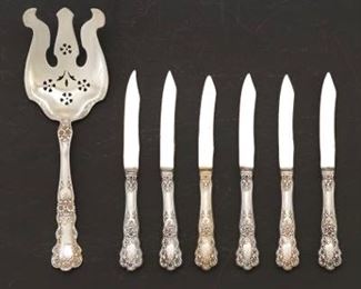Gorham Sterling Silver Serving Fork and Six Fruit Knives, Buttercup Pattern