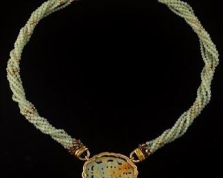 Jade and Gold Beaded Torsade Necklace 