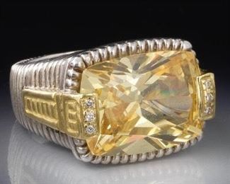 Judith Ripka Sterling Silver, 18k Gold, Diamond and Quartz Ring 