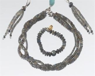 Labradorite Bead and Tahitian Pearl Necklace, Bracelet and Earring Set 