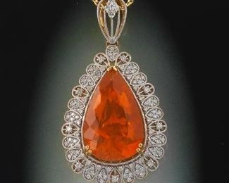 Ladies Fire Opal and Diamond Pendant on Chain, GIA and AIGL Report 