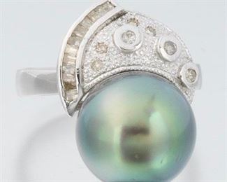 Ladies Gold, 11 mm Tahitian Pearl and Diamond Ring 