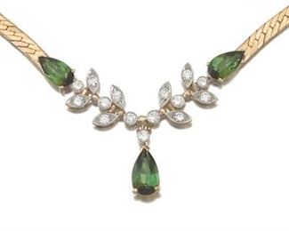 Ladies Gold, Diamond and Green Tourmaline Necklace